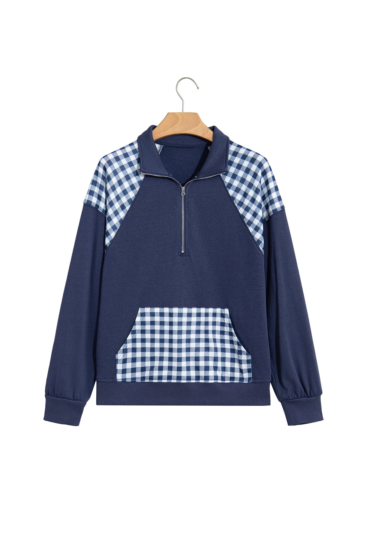 Patchwork Plaid Pocket Quarter Zip Pullover