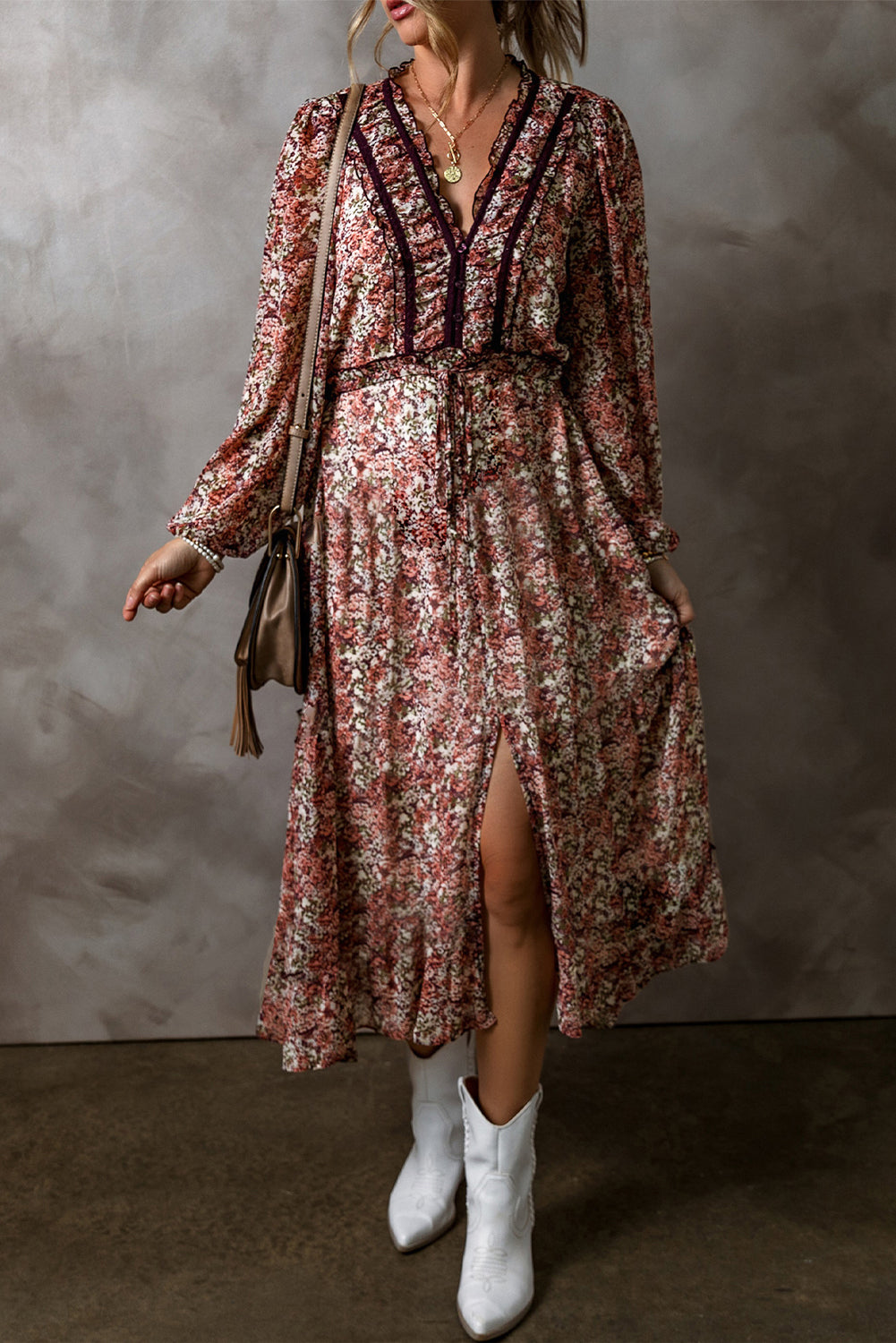 "Beauty in Brown" Floral Frilled Dress