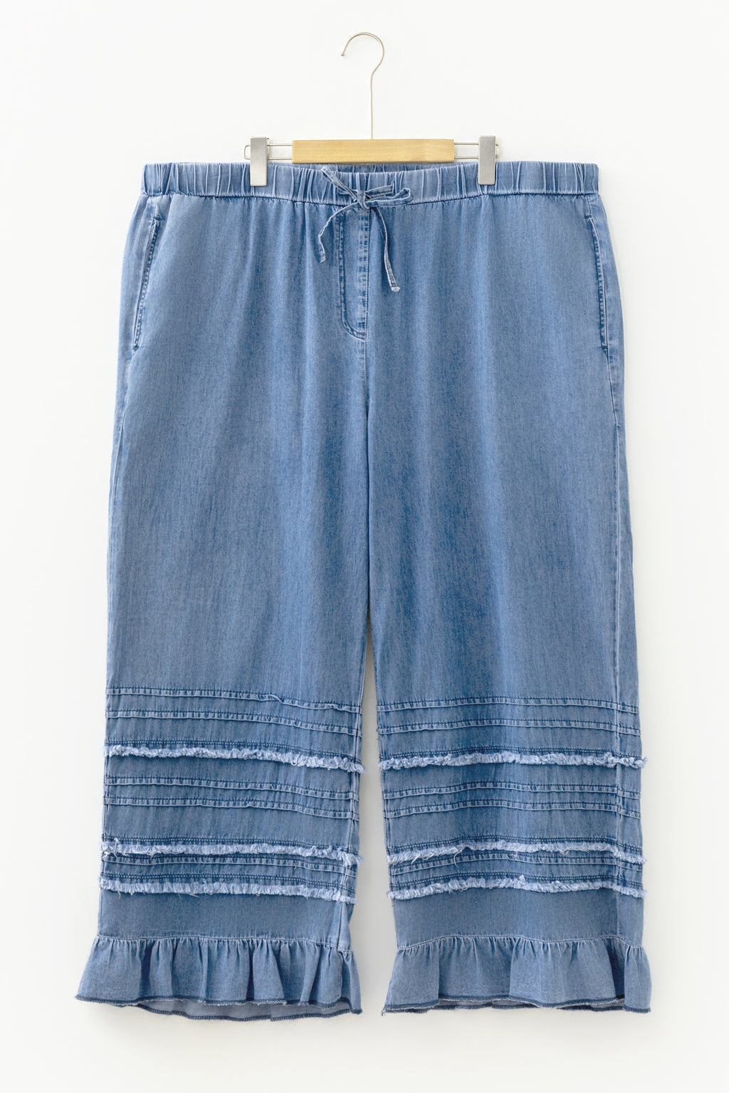 Dusk Blue Tiered Raw Edge Ruffled Plus Size Wide Leg Denim Jeans