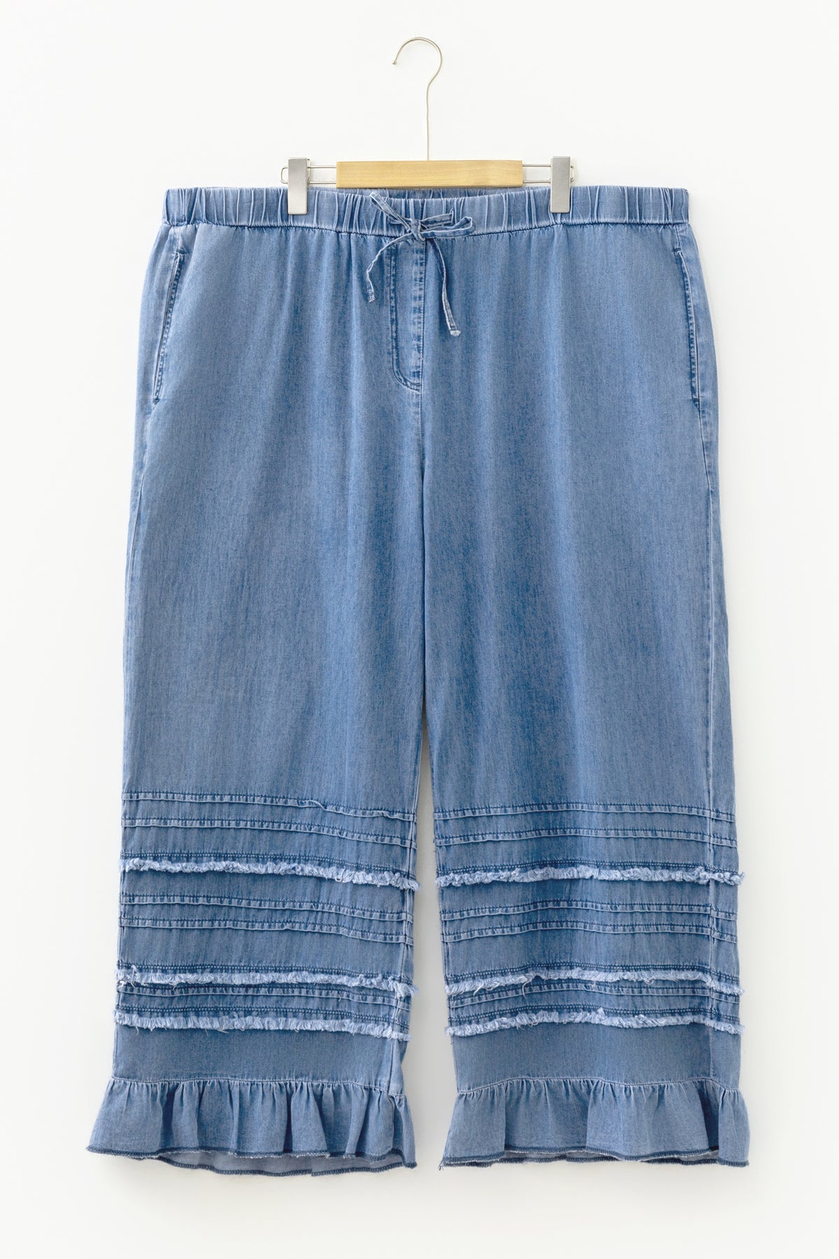 Dusk Blue Tiered Raw Edge Ruffled Plus Size Wide Leg Denim Jeans