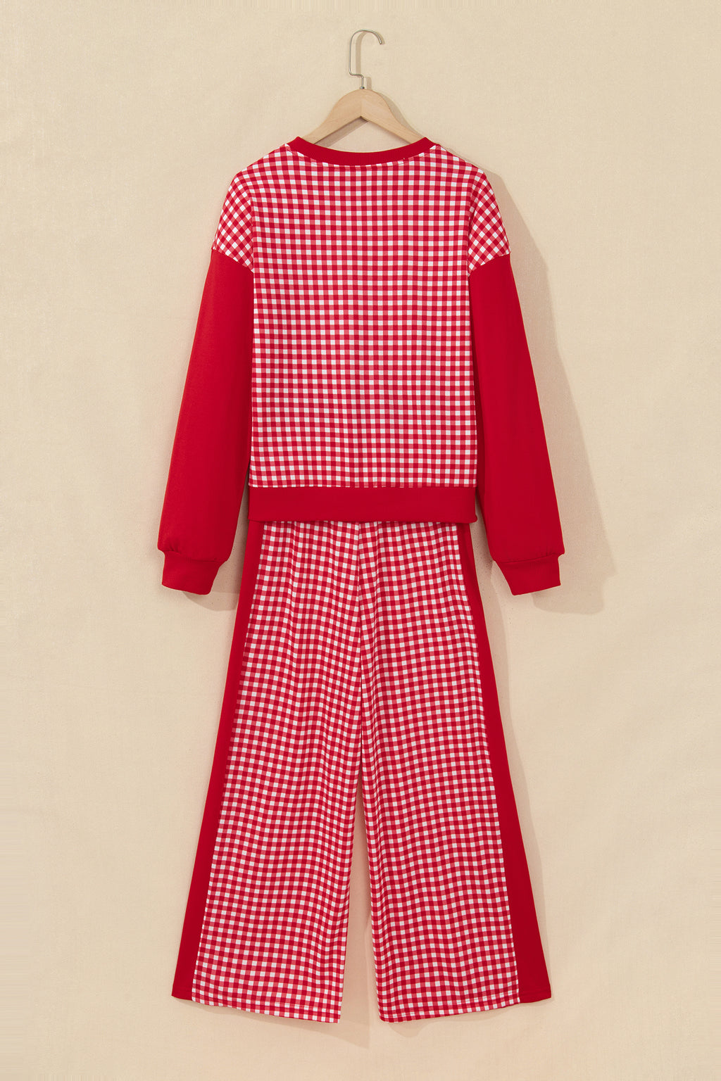 Color Block Plaid Patchwork Long Sleeve Pullover Pant Set