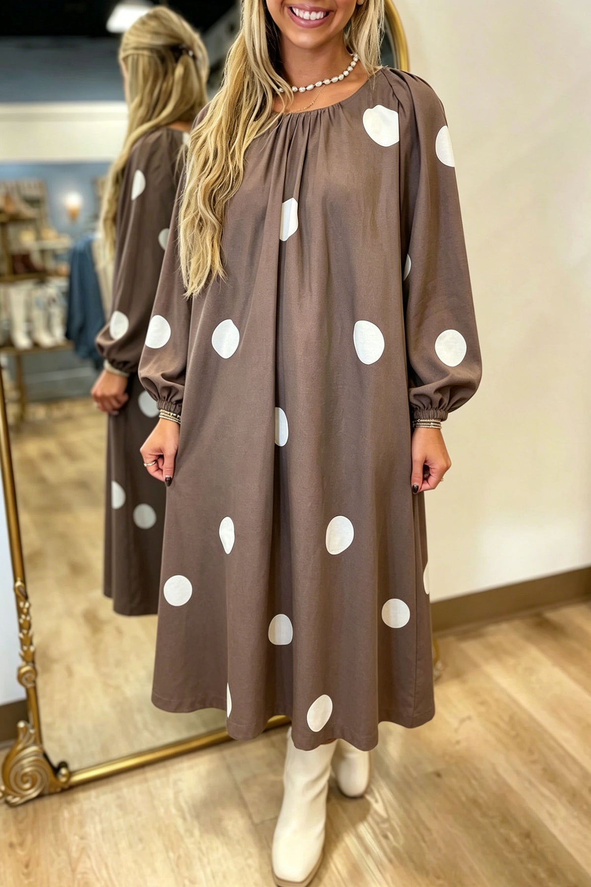 "Brown Polka & Bow" Knot Back Long Sleeve Midi Dress